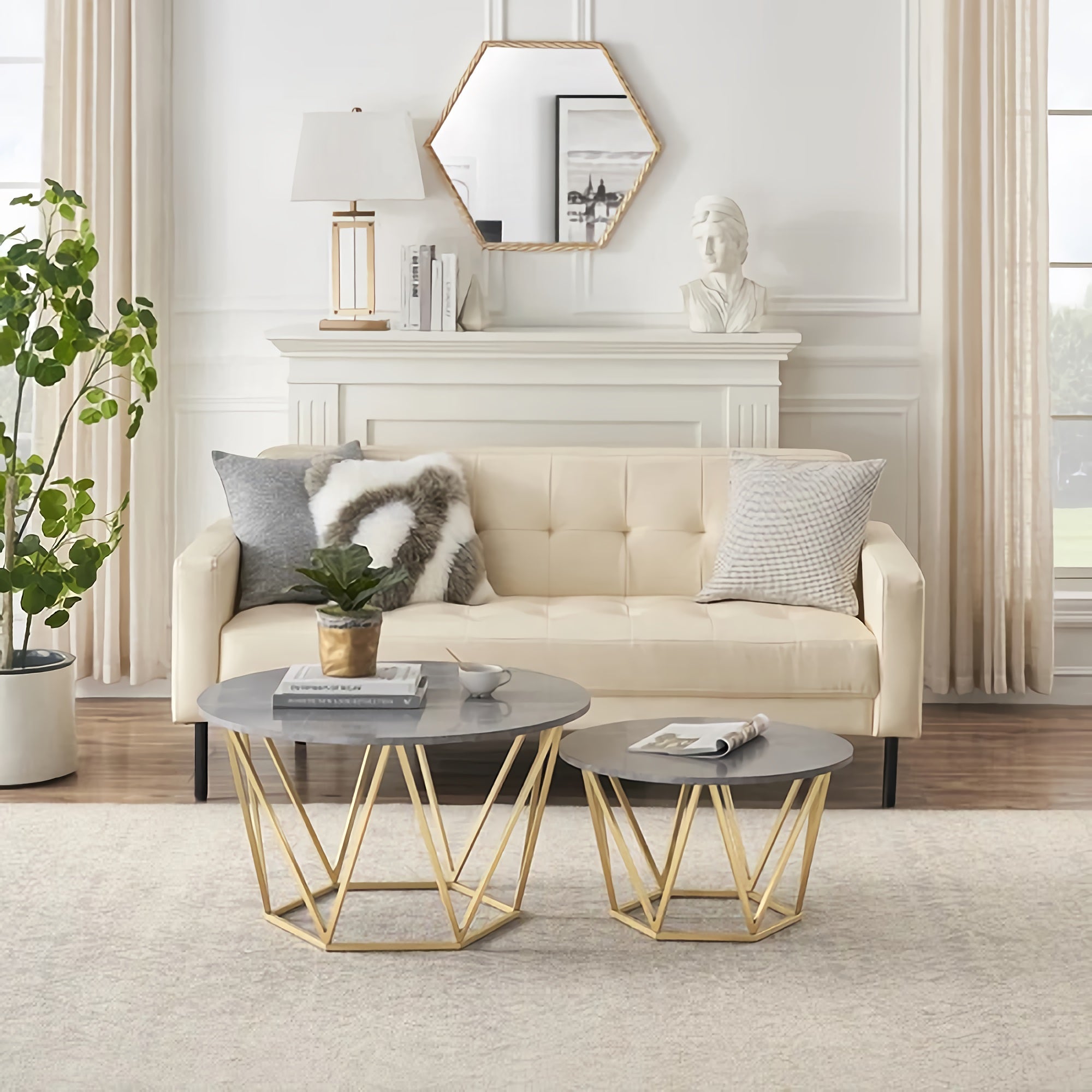 Set of 2 Coffee Table Set, Modern Faux Marble Coffee Table and End Table for Home, Living Room (Grey-Gold) - GilesCoffeeTableGY&G-FWS Set of 2 Coffee Table Set, Modern Faux Marble Coffee Table and End Table for Home, Living Room (Grey-Gold) - GilesCoffeeTableGY&G-FWS